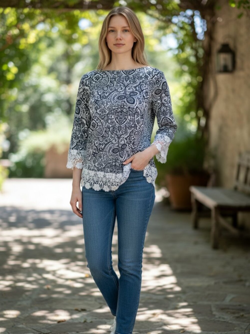 Charter Club Paisley Print Navy Blue and White Lace Trimmed Top Size Small
